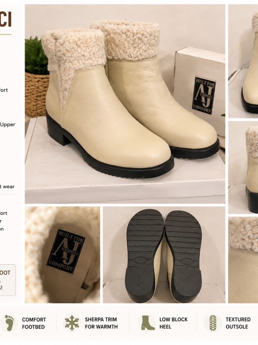 AJ Valenci Comfort Cream Sherpa Trim Ankle Boots Size 10